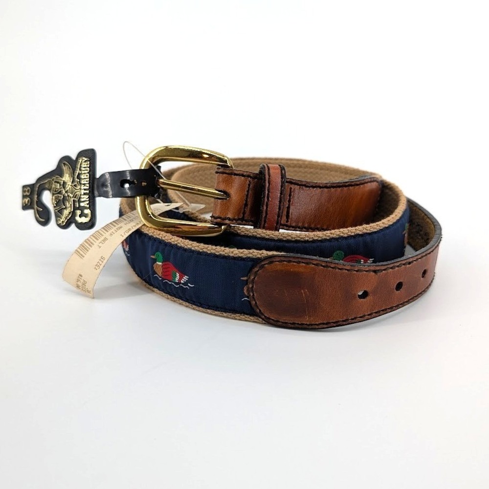 NWT Vintage Canterbury Mallard Duck Embroidered Belt Leather Brass Navy Size 38 - Picture 2 of 5
